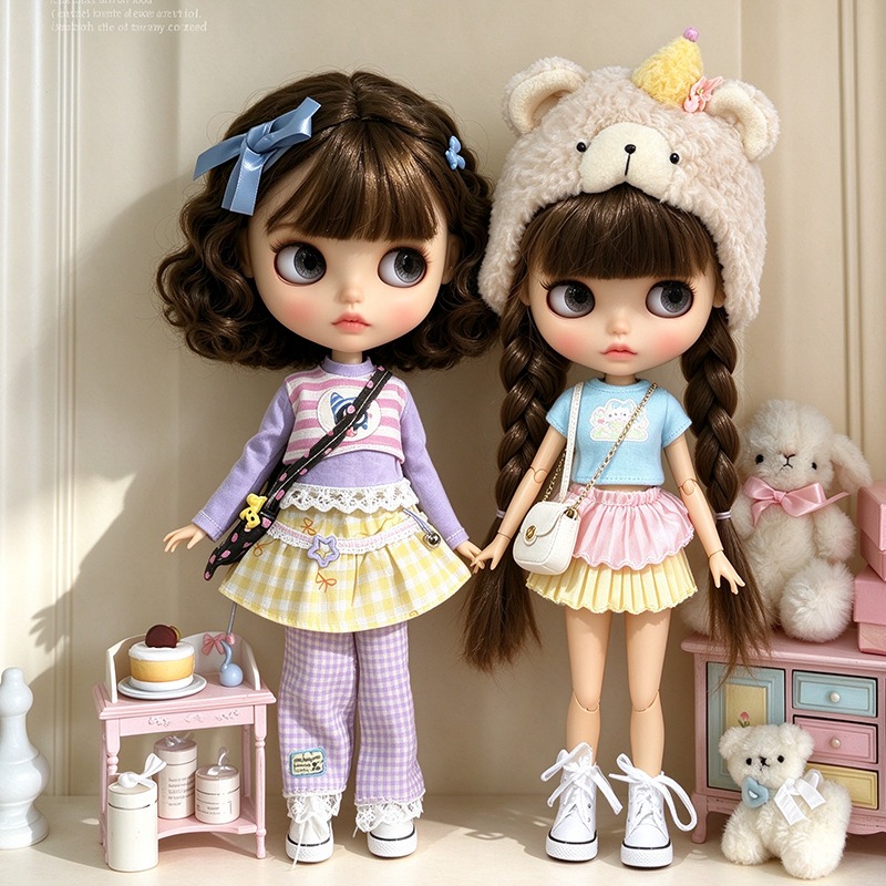 Baby Clothing Usa - Blythe-Puppen-Outfit: gestreiftes Oberteil, Karorock, Teddybär-Mütze, Rüschenrock,